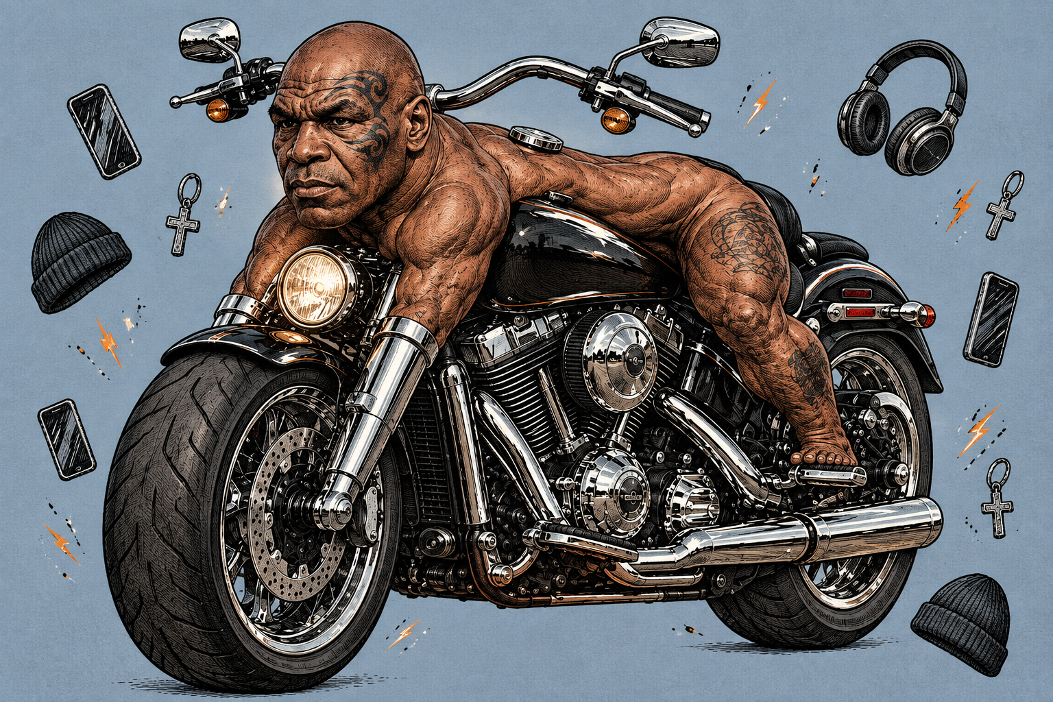 Hand-drawn Harley Tyson: a muscular tattooed man fused with a chrome motorcycle, surrounded by headphones, phones and beanies